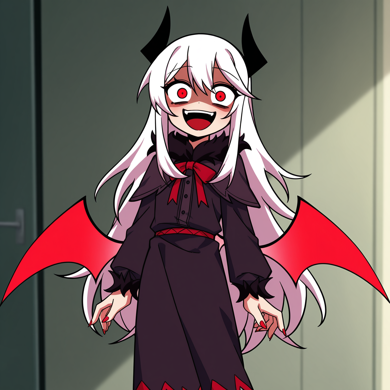 masterpiece, best quality, amazing quality, anime screencap, 1girl, solo, standing, cowboy shot, looking at viewer, constricted pupils, crazy smile, open mouth, laughing, shaded face, glowing eyes, <lora:VareltFNF:0.9>, VareltFNF, white hair, long hair, red eyes, black horns, neck ribbon, red ribbon, red demon wings, long fingernails, red fingernails, black dress, long dress, black skirt, black boots,