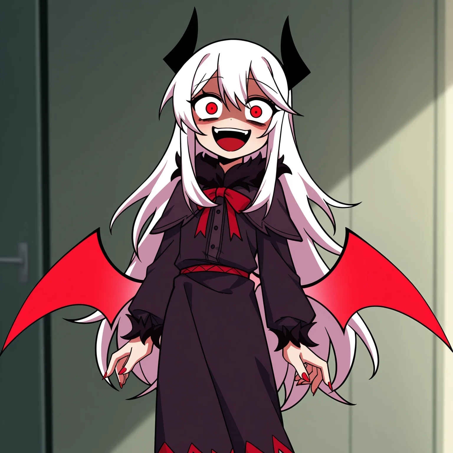 masterpiece, best quality, amazing quality, anime screencap, 1girl, solo, standing, cowboy shot, looking at viewer, constricted pupils, crazy smile, open mouth, laughing, shaded face, glowing eyes, <lora:VareltFNF:0.9>, VareltFNF, white hair, long hair, red eyes, black horns, neck ribbon, red ribbon, red demon wings, long fingernails, red fingernails, black dress, long dress, black skirt, black boots,