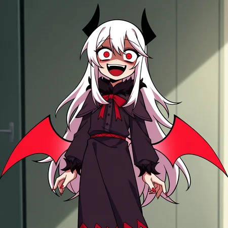masterpiece, best quality, amazing quality, anime screencap, 1girl, solo, standing, cowboy shot, looking at viewer, constricted pupils, crazy smile, open mouth, laughing, shaded face, glowing eyes, <lora:VareltFNF:0.9>, VareltFNF, white hair, long hair, red eyes, black horns, neck ribbon, red ribbon, red demon wings, long fingernails, red fingernails, black dress, long dress, black skirt, black boots,