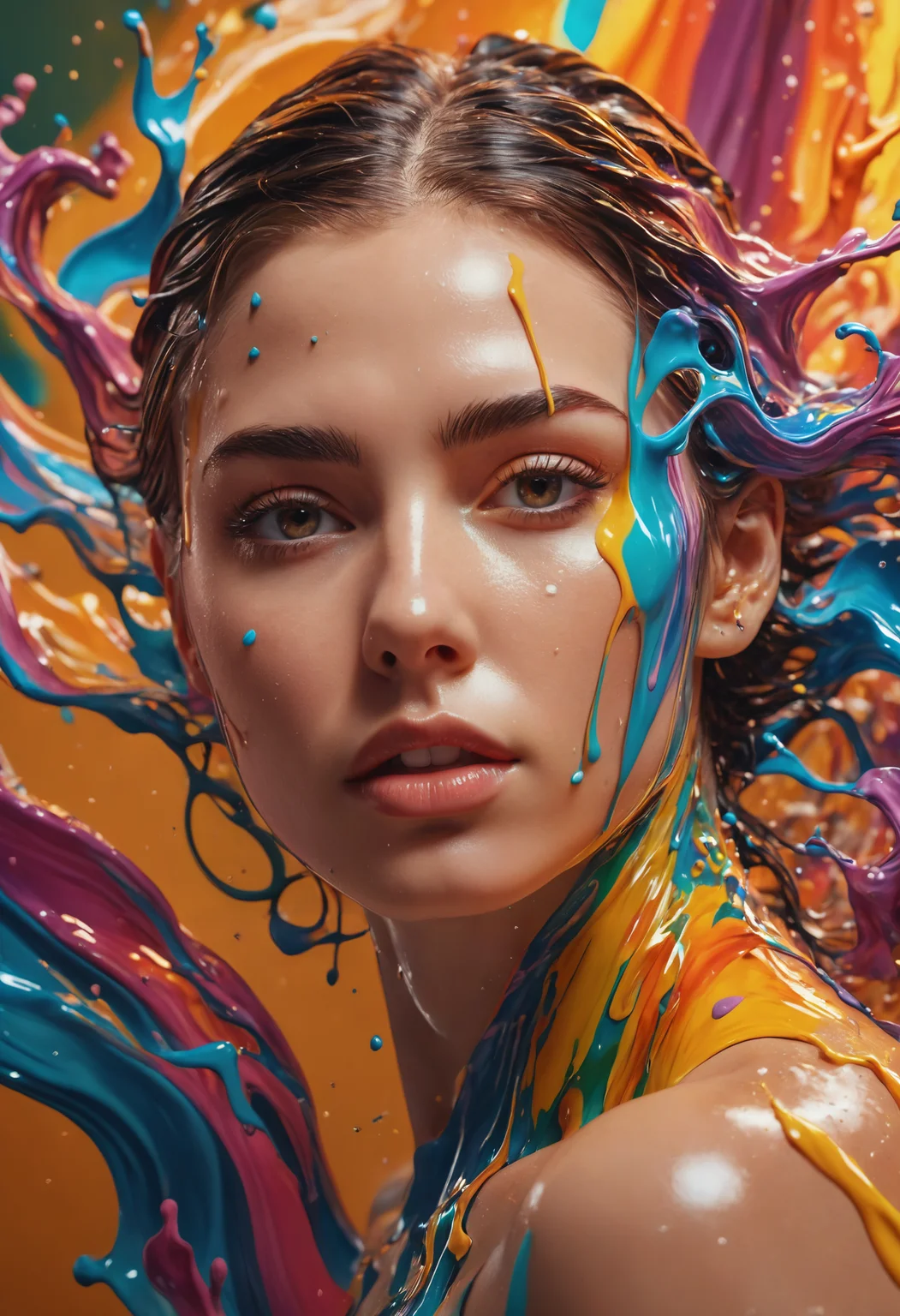 A reality distortion,Hyperrealistic, splash art, concept art, mid shot, intricately detailed, color depth, dramatic, 2/3 full female face and body angle, side light, colorful background objects warping, melting, float, bend, twist, and stretch, Sharp image, 4k, 8k,, Detailed and Intricate, Cinematic, Dynamic Lighting