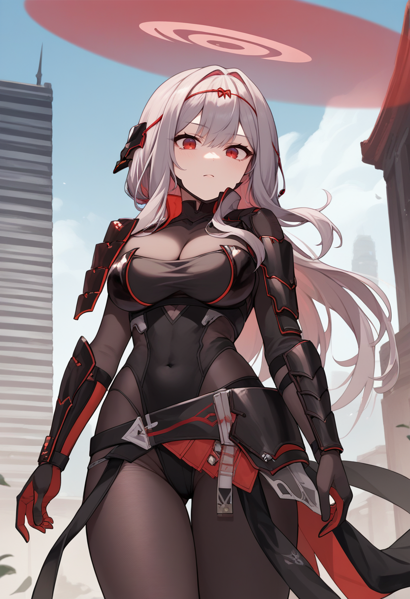 score_9, score_8_up, score_7_up, source_anime, BREAK 1girl, solo, <lora:scarlet-nikke-richy-v1_pdxl:1> scrltbs, red eyes, long hair, grey hair, bangs, halo, headgear, red hair ribbon, single shoulder armor, black bodysuit, cleavage, bodystocking, black legwear, gloves, covered navel,