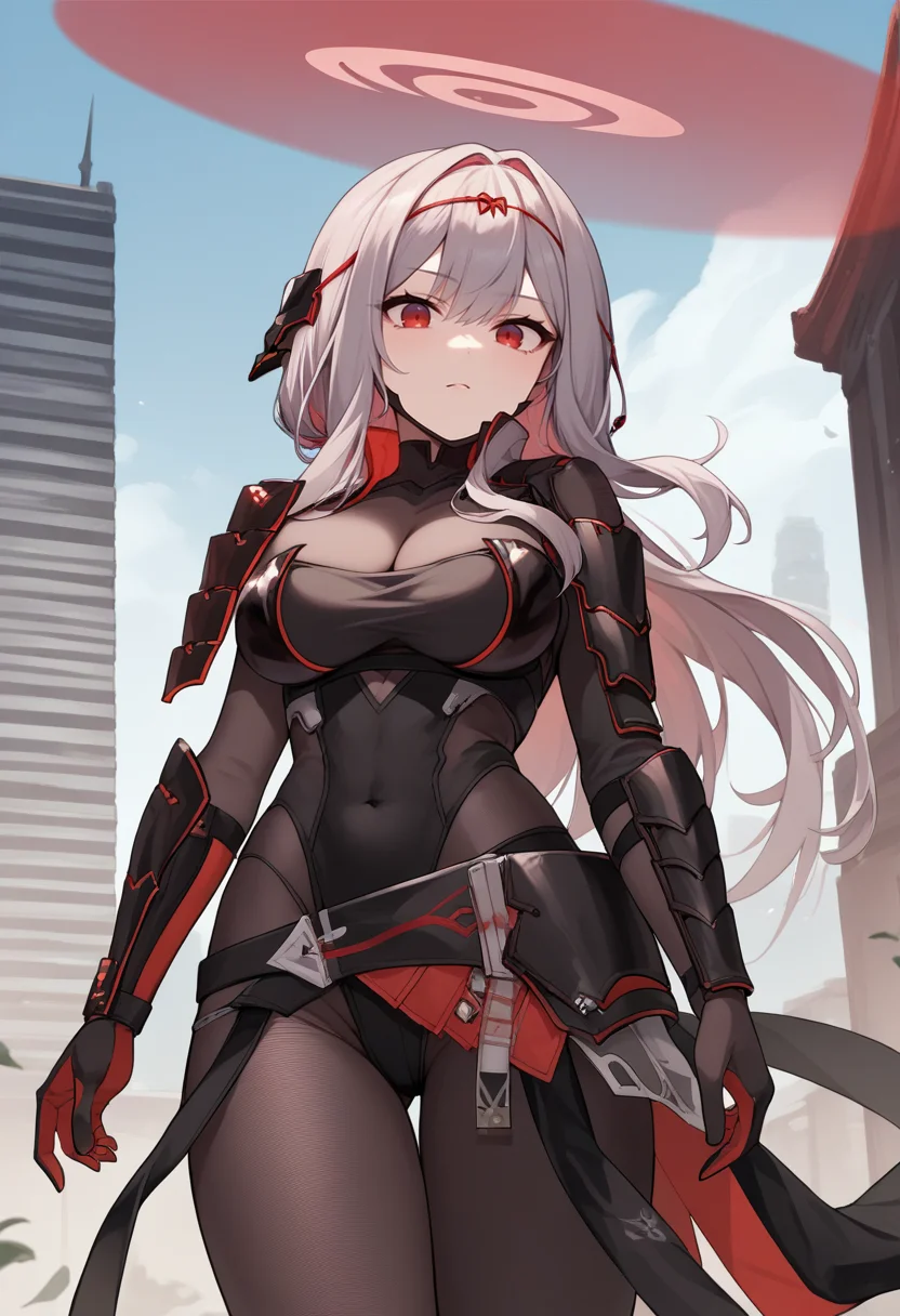 score_9, score_8_up, score_7_up, source_anime, BREAK 1girl, solo, <lora:scarlet-nikke-richy-v1_pdxl:1> scrltbs, red eyes, long hair, grey hair, bangs, halo, headgear, red hair ribbon, single shoulder armor, black bodysuit, cleavage, bodystocking, black legwear, gloves, covered navel,