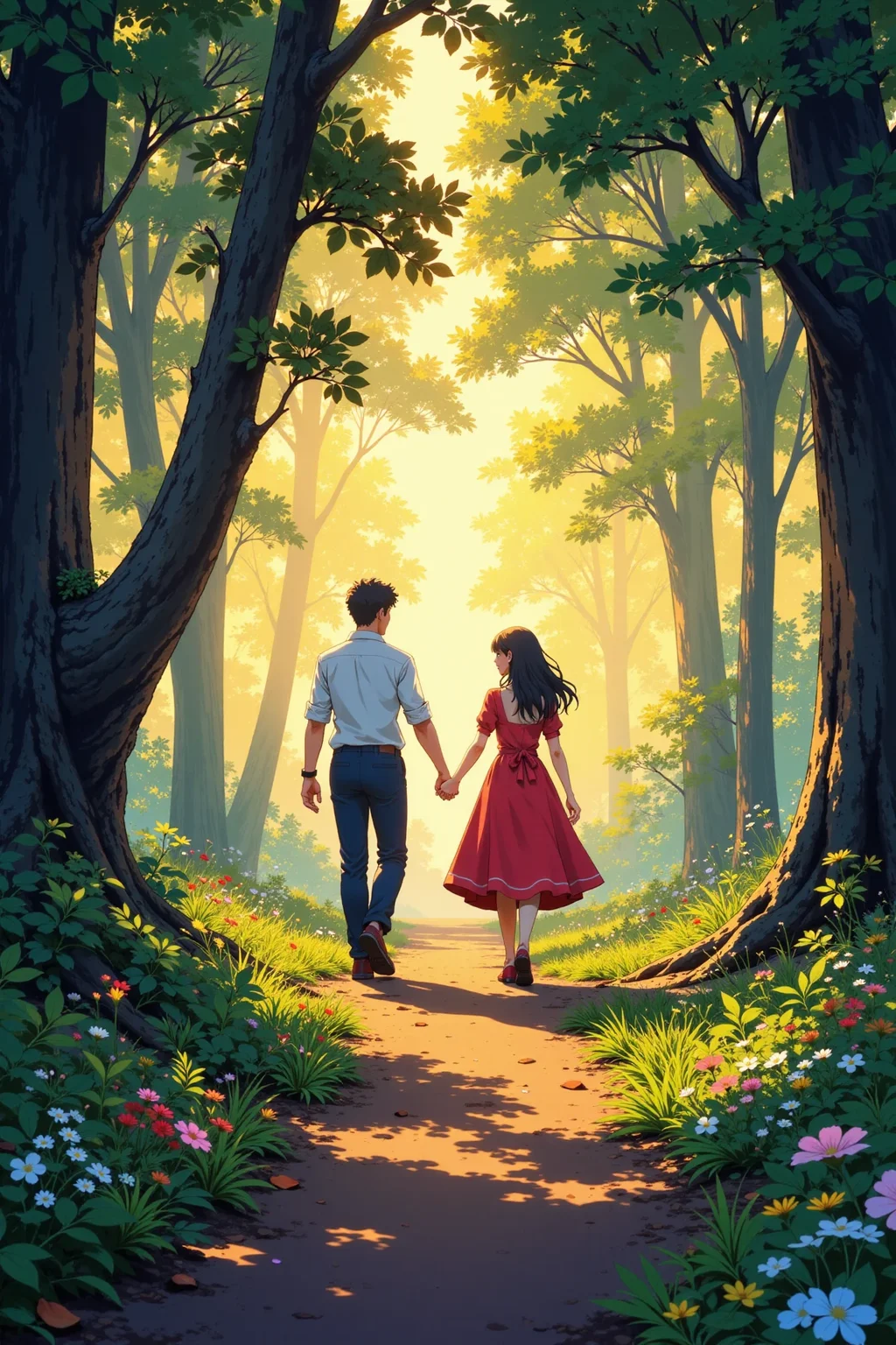 a couple in love walking hand in hand through the forest beautiful anime landscape, morning, woman, very intricate, very detailed, sharp, bright, colorful, <lora:Hand v2:0.5> <lora:Anti-Blur:1><lora:Insane Detail Slider:0.25> <lora:flux.1_lora_flyway_Epic-detail_v2:0.3> <lora:fluxenhancer:0.25> <lora:ROWER:1> <lora:Miyazaki anime:0.6> Miyazaki anime art