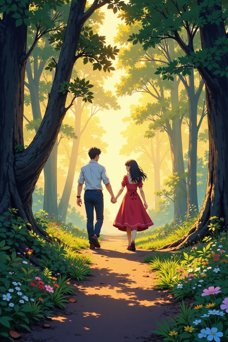 a couple in love walking hand in hand through the forest beautiful  anime landscape, morning, woman, very intricate, very detailed, sharp, bright, colorful, <lora:Hand v2:0.5> <lora:Anti-Blur:1><lora:Insane Detail Slider:0.25>  <lora:flux.1_lora_flyway_Epic-detail_v2:0.3> <lora:fluxenhancer:0.25> <lora:ROWER:1> <lora:Miyazaki anime:0.6> Miyazaki anime art