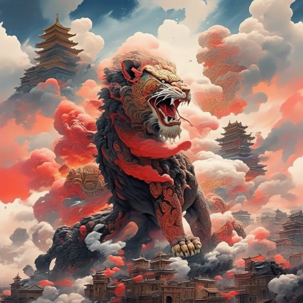 an image of a black and red dance lion ,colorful cloud around the lion, on the mountain, trees, buildings, SF_Carton style,carton, four legs<lora:0208_sprint_festival-checkpoint-8000:1>