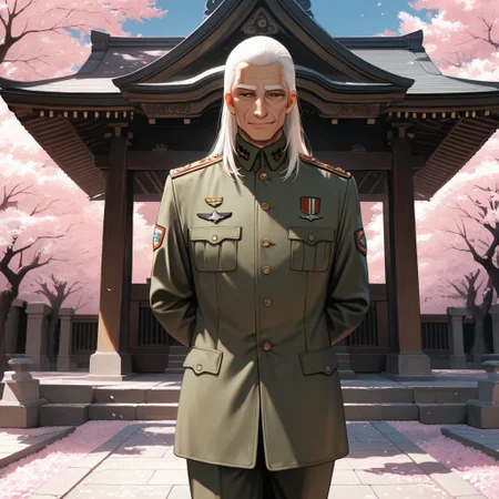 masterpiece, best quality, amazing quality, absurdres, newest, detailed background, definition so sharp, Ultra-HD, 8K cinematic, very awa, impressionate, amazing quality, highres,
solo, male focus, manly,
daikakukokujouji, lieutenant_white hair, lieutenant_brown eyes, 1boy, solo, old man, long hair, standing, hands behind back, serene expression,military uniform, sharp, confident posture, temple grounds, cherry blossoms, blue sky, respectful, dignified, composed, watchful, protective, subtle smile