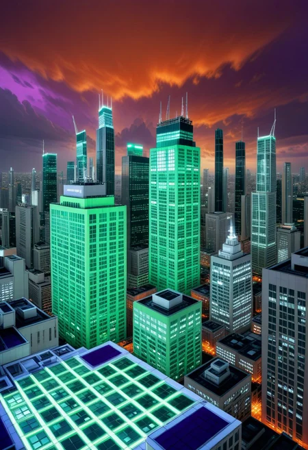 dark orange clouds illuminated by the city, purple sky, square and rectangular skyscrapers with white frequent square windows, shades of skyscraper windows light green, blue, dark blue, dark turquoise. The roofs of skyscrapers from dark squares to squares are illuminated with a dim blue square border, some skyscrapers are topped with diodes.