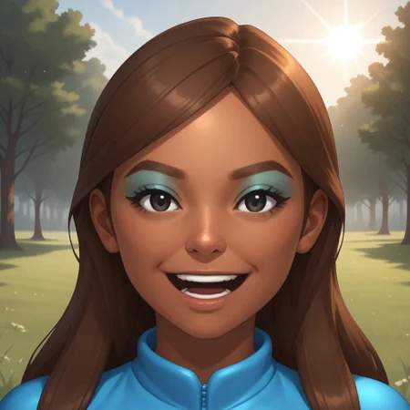 score_9, score_8, BREAK, solo, wii, mii, wii sports, 1girl, female mii, black eyes, brown hair, brown eyebrows, blue eyeshadow, dark skin, open mouth, cyan clothing, white pants, sneakers, nintendo mii, modern_mii, classic_mii, breasts, haruka_(wii_sports), cute, sexy pose, smile, outdoors, sunlight, shadows, evening lighting, natural lighting, forest, trees, grass, orange sky, sunset