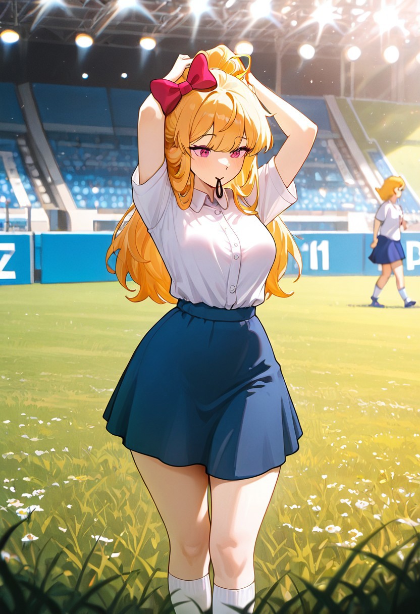 masterpiece, best quality, amazing quality, very aesthetic, absurdres, newest, detailed background, foreground blur, (( cartoon,  )),
elizabafton, 1girl, red bow , hair bow, long hair,  blonde ginger, hair, , short sleeves, bright pink buttoned shirt, blue skirt, medium breasts, short skirt, long white socks, loose shirt, 
, wide hips, tying hair, outdoors, on grass, tournament, stadium, stage lights,