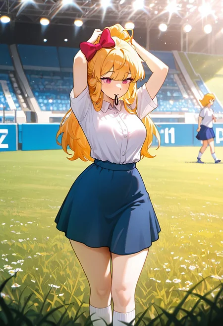 masterpiece, best quality, amazing quality, very aesthetic, absurdres, newest, detailed background, foreground blur, (( cartoon, )),
elizabafton, 1girl, red bow , hair bow, long hair, blonde ginger, hair, , short sleeves, bright pink buttoned shirt, blue skirt, medium breasts, short skirt, long white socks, loose shirt,
, wide hips, tying hair, outdoors, on grass, tournament, stadium, stage lights,