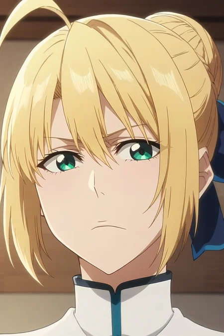 score_9, score_8_up, score_7_up, , anime screencap, rating_safe, , looking at viewer, , 1girl, saber \(fate\), blonde hair, green eyes, ahoge, hair between eyes, hair bun, hair bow, solo, close-up, east asian architecture, indoors, light, villain pose, squinting, <lora:bleach_tybw_style_pony:1.2>, bleach_tybw_style, , <lora:sdxl_lightning_8step_lora:1>