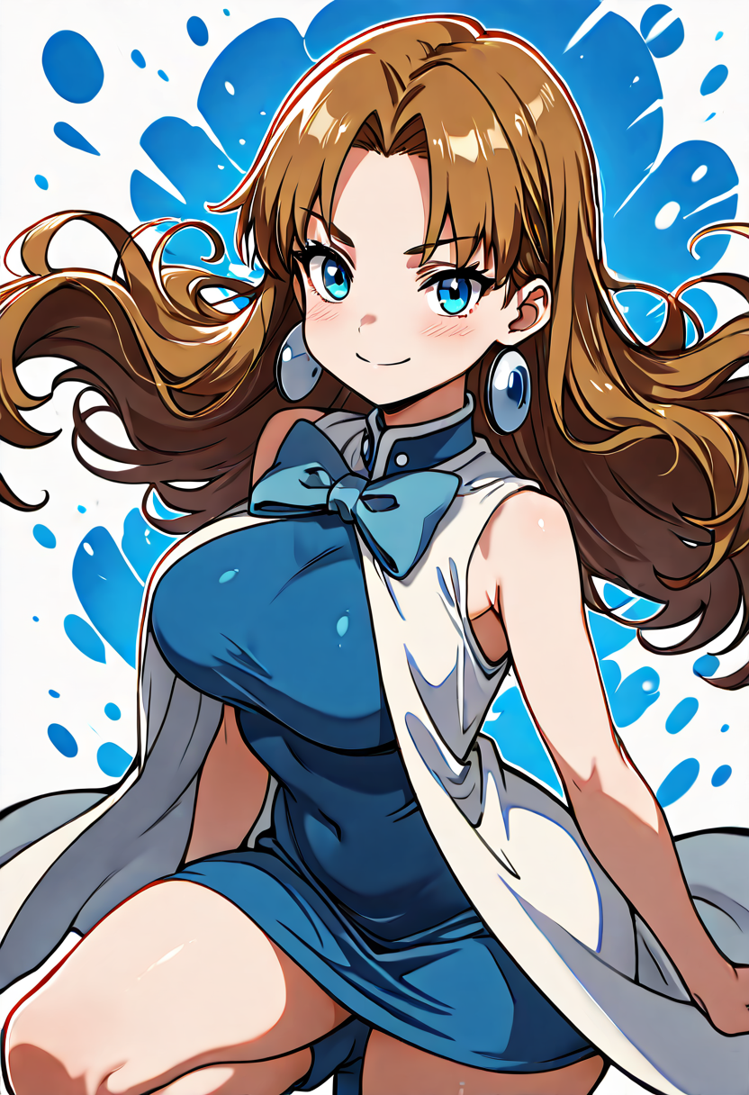 masterpiece, best quality, solo, curvy, beautiful eyes, narrow waist, wide hips, 1girl, solo, smile, looking at viewer, dynamic angle, foreshortening, close up,    zzMolly, molly hale, blue eyes, brown hair, parted bangs, long hair, blue dress, jewelry, earrings, blue bowtie, sleeveless, blue bow, white coat, abstract blue crystal background,    ,<lora:MollyHalePokemonIXL:1.0>, <lora:ZankuroStyle_NAI:0.7>,  squatting, dynamic pose, cowboy shot, playful expression, looking at viewer,