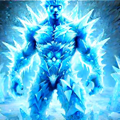 <lora:Monsters_and_elementals:2>Ice elemental, frozen elemental, A formidable ice elemental, standing tall with a muscular and imposing physique, body composed of sharp, jagged ice formations and crystalline structures, glowing blue eyes with a cold, piercing light, intricate patterns of frost and ice shards covering its torso and limbs, hair made of spiky ice crystals, vibrant blue energy emanating from within the ice, detailed texture on its skin resembling smooth, polished ice with sharp edges, dynamic lighting highlighting the contours and details of its form, vibrant colors of blue, white, and hints of silver, background filled with floating ice particles and a dark, cold atmosphere, high resolution environment, detailed hands and feet with claw-like ice fingers and toes, facing slightly to his left with a dynamic and aggressive stance, head turned and looking to his left with an intense, icy gaze, a sense of cold power and stillness in the elemental's posture, visually stunning and lifelike depiction of an ice-based, supernatural entity, non Human, not Human, portrait, athletic, serious expression, ice,