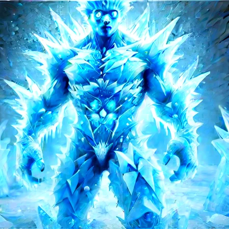 <lora:Monsters_and_elementals:2>Ice elemental, frozen elemental, A formidable ice elemental, standing tall with a muscular and imposing physique, body composed of sharp, jagged ice formations and crystalline structures, glowing blue eyes with a cold, piercing light, intricate patterns of frost and ice shards covering its torso and limbs, hair made of spiky ice crystals, vibrant blue energy emanating from within the ice, detailed texture on its skin resembling smooth, polished ice with sharp edges, dynamic lighting highlighting the contours and details of its form, vibrant colors of blue, white, and hints of silver, background filled with floating ice particles and a dark, cold atmosphere, high resolution environment, detailed hands and feet with claw-like ice fingers and toes, facing slightly to his left with a dynamic and aggressive stance, head turned and looking to his left with an intense, icy gaze, a sense of cold power and stillness in the elemental's posture, visually stunning and lifelike depiction of an ice-based, supernatural entity, non Human, not Human, portrait, athletic, serious expression, ice,