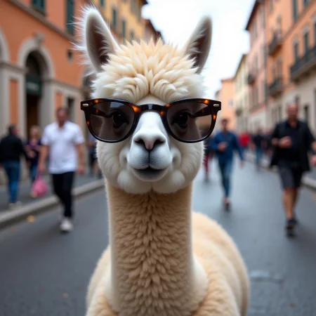 A funny baby alpaca with sunglasses on a busy street in Rome, funny, odd,
