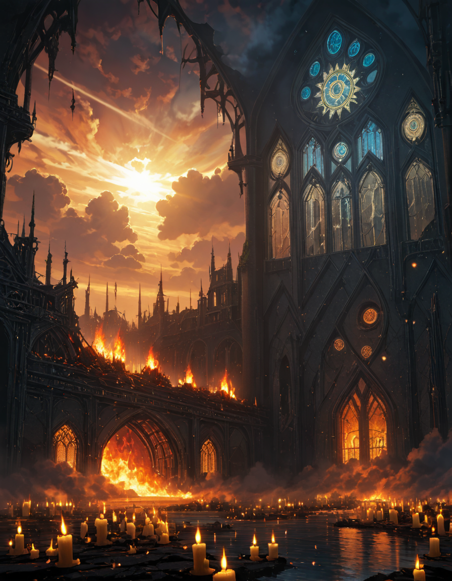 <lora:SW01v1-5xl:1> EFFD02, imagination, epic world, clouds, open jaw, breaking in, halos of light in the darkness of space, fire, EFFY01, epic scale chamber, detailed black robed dark wizard with a skull face, candles, detailed wall carvings, occult medieval ceremony, stained glass windows, bokeh, fantasy, T8 trees, green, blue, waves, ruins, T10, motion, spacecrafts, cyberpunk city, high buildings, mist, god rays, sunset,