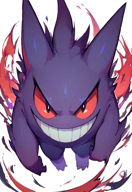 score_9, score_8_up, score_8,
gengar, solo, no humans, red sclera, v-shaped eyebrows, black eyes, evil smile,
floating, looking at viewer, white background,