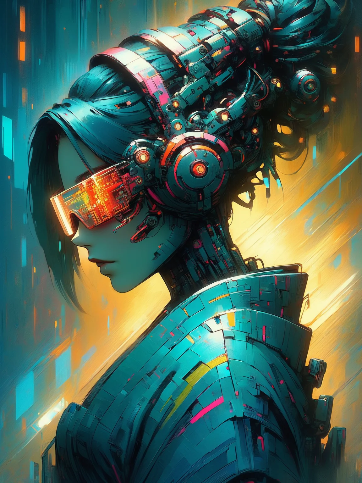 cyberpunk woman wearing a kimono, mad-cybrpnkimprss, dynamic pose, cyberpunk, impressionism,  <lora:Neon_Cyberpunk_Impressionism_SDXL:0.8>, (masterpiece:1.2), best quality