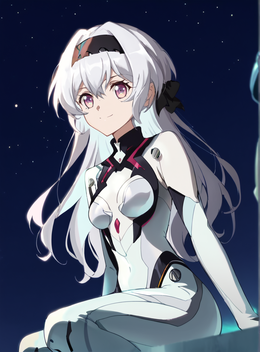 score_9, score_8_up, score_7_up, score_6_up, score_5_up, score_4_up , source_anime, anime screencap, <lora:Symphogear_Style:1>symphogearstyle  <lora:Fifefly_-_26710_Honkai_Star_Rail:0.8>fireflypilotsuit, silver hair,solo, long hair, bodysuit, medium breasts, hairband, white bodysuit, bangs, plugsuit, black hairband, smile, night sky, starry sky, sitting, wind_blowing