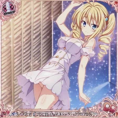 1girl, medium breasts, blonde hair, ahoge, blue eyes,drill hair, red hair tie, twin drills,hair intakes, hair between eyes, shiny hair, short twintails, sidelocks, hair ornament, <lora:ravelPhenexDxd_ravelPhenex:1>, princess dress, braid, classroom, hallway