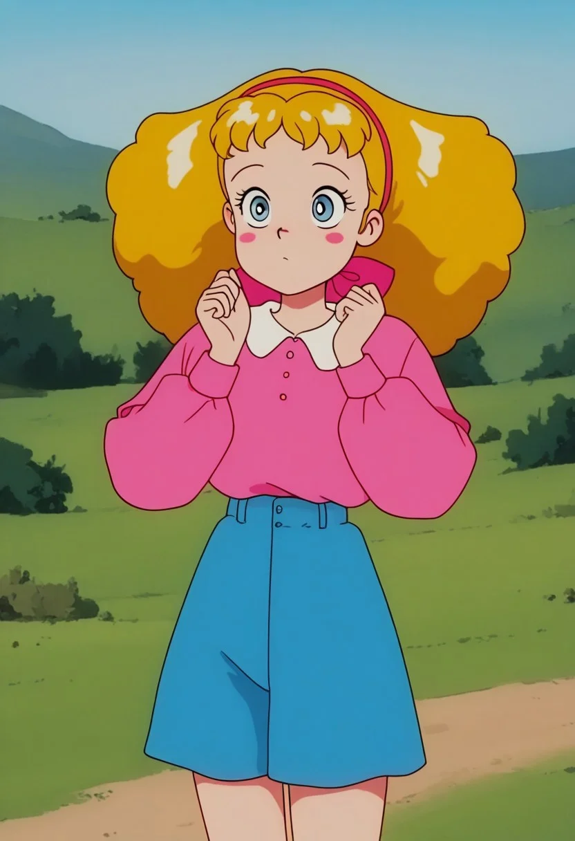 1girl, mary-lennox, blonde hair, hairband, blue eyes, blush stickers, outfit1, outdoors, retro artstyle, official style