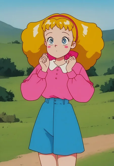 1girl, mary-lennox, blonde hair, hairband, blue eyes, blush stickers, outfit1, outdoors, retro artstyle, official style
