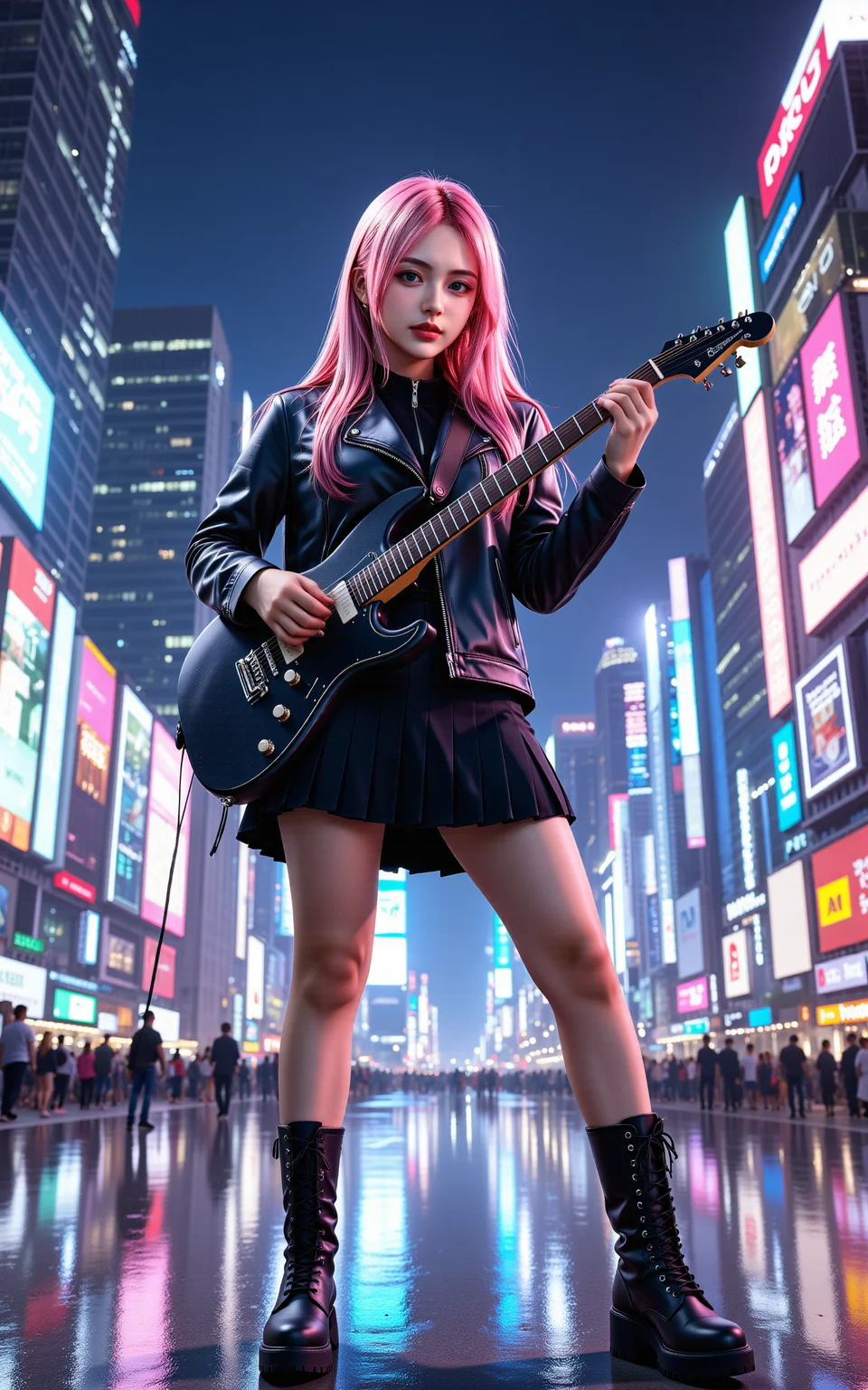 A 20-year-old girl with long,flowing pink hair,dressed in a sleek black leather jacket,a pleated black skirt,and knee-high black boots. She stands confidently on a neon-lit cyberpunk stage,strumming an electric guitar while waving to the audience. The futuristic cityscape behind her glows with holographic billboards and towering skyscrapers,bathed in a mix of deep purples,electric blues,and vibrant pinks. Behind her,a dazzling circular energy effect pulsates,resembling a sci-fi power ring,emitting radiant light that enhances the cyberpunk aesthetic. The stage is illuminated by dynamic spotlights,and digital particles float in the air,creating an immersive,high-tech concert atmosphere.,<lora:yuukananri-base-02-flux:0.8>,yuukananri,she has a slender physique and a petite build,<lora:aidmaMJ6.1_v0.5_3:0.5>,aidmaMJ6.1,