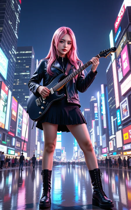 A 20-year-old girl with long,flowing pink hair,dressed in a sleek black leather jacket,a pleated black skirt,and knee-high black boots. She stands confidently on a neon-lit cyberpunk stage,strumming an electric guitar while waving to the audience. The futuristic cityscape behind her glows with holographic billboards and towering skyscrapers,bathed in a mix of deep purples,electric blues,and vibrant pinks. Behind her,a dazzling circular energy effect pulsates,resembling a sci-fi power ring,emitting radiant light that enhances the cyberpunk aesthetic. The stage is illuminated by dynamic spotlights,and digital particles float in the air,creating an immersive,high-tech concert atmosphere.,<lora:yuukananri-base-02-flux:0.8>,yuukananri,she has a slender physique and a petite build,<lora:aidmaMJ6.1_v0.5_3:0.5>,aidmaMJ6.1,