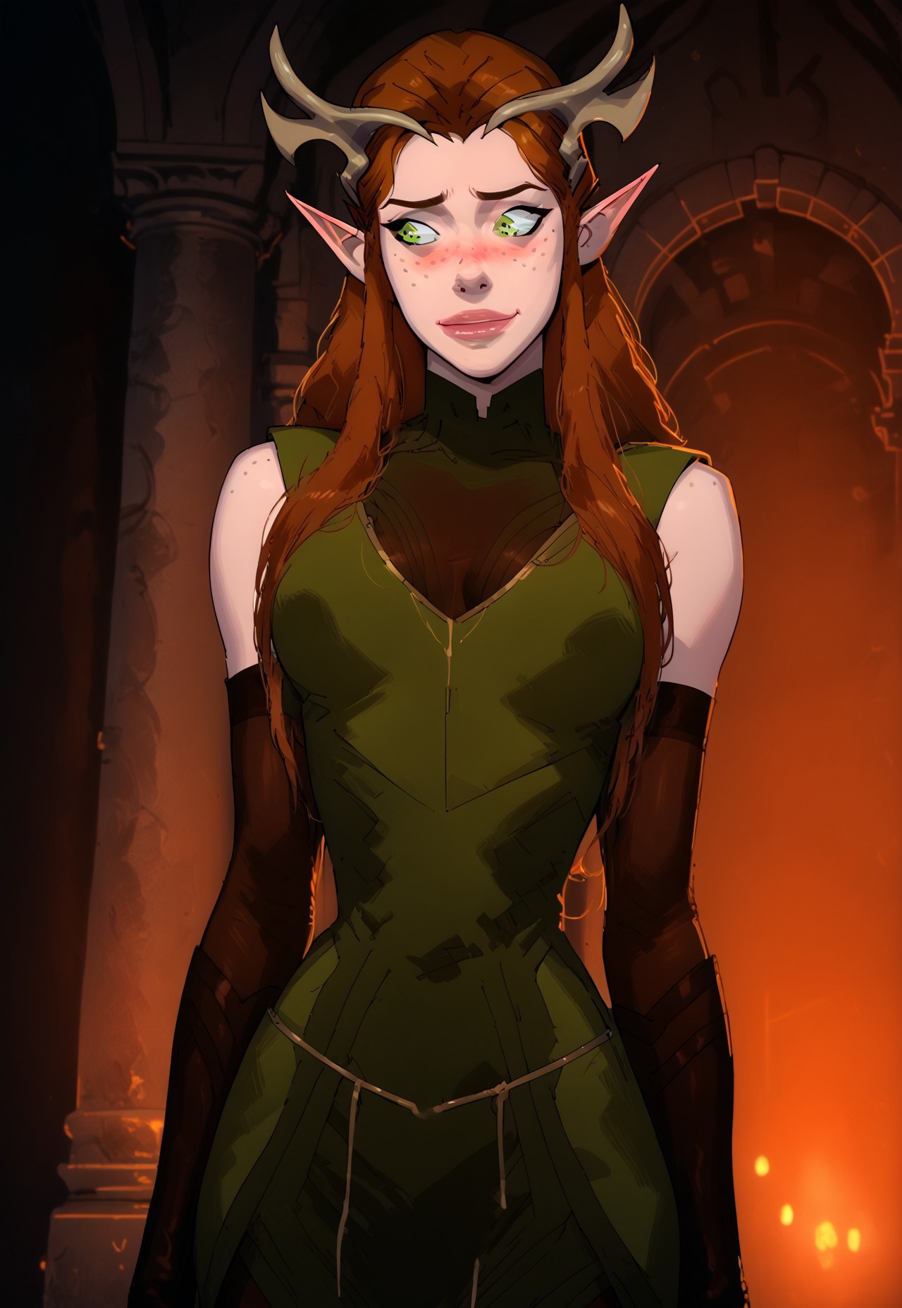 safe_pos, score_9, score_8_up, score_7_up, score_6_up, ((source_cartoon)), BREAK keylethydstl, 1girl, solo, pointy ears, green eyes, medium breasts, freckles, elf, antlers, red hair, brown hair, long hair, light skin, light skinned female, Green dress, high boots, brown boots, elbow gloves, black gloves, fingerless gloves, bare shoulders, narrow waist, wide hips, embarrassed, hesitant expression, looking down, looking away, embarrassed smile, fear expression, expression of doubt, round breasts, breasts together, cleavage, glowing accents, dynamic angle, g0thicPXL, glowing, neon,