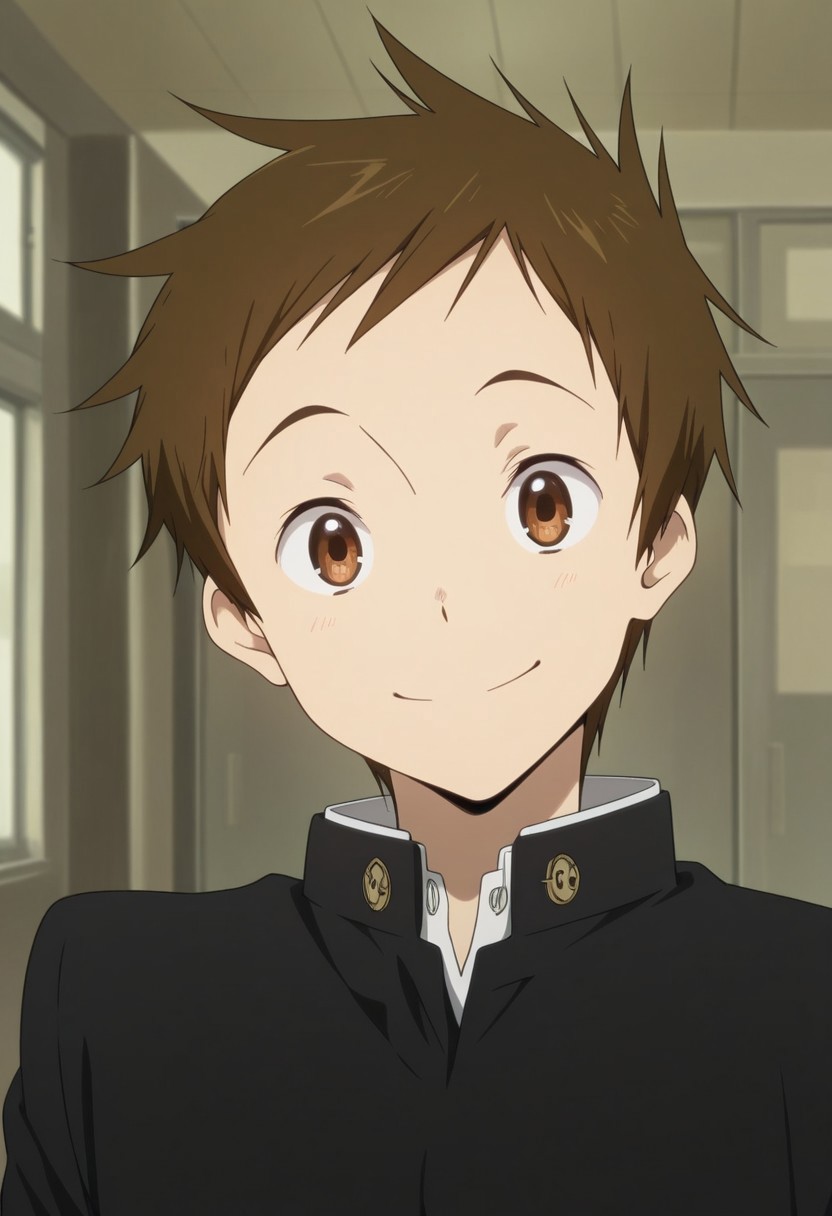 masterpiece,best quality,amazing quality, source_anime,
SatosFukube, 1boy, male focus, solo, brown eyes, brown hair, school uniform, gakuran, jacket, black jacket, buttons,  smile, happy,