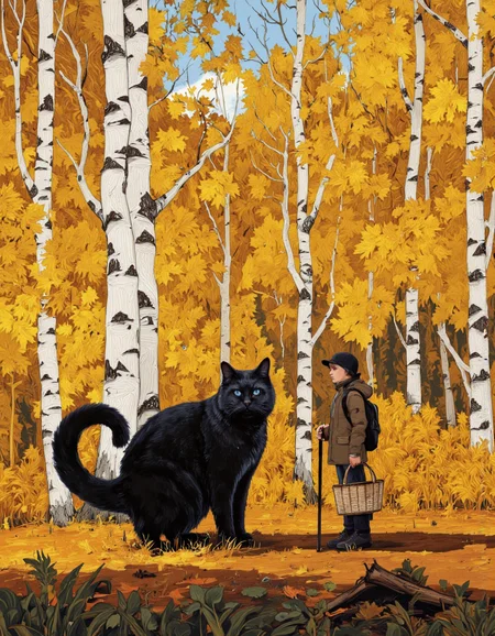 By Artem Chebokha. A digital illustration shoot from the side about a boy and a large cat in a forest during golden autumn. the image also shows a boy standing in the middle of the image, holding a basket, on the right side of the frame. the boy is wearing a brown jacket, black pants, and a black cap, and is holding a walking stick in his right hand. he is facing the viewer and looking at the cat. the cat is large and fluffy, with a black coat and blue eyes. it is standing on all fours in the forest, with tall white birch trees surrounding it. the background is filled with vibrant yellow and orange hues, and the ground is covered in fallen leaves, giving the scene a warm and cozy atmosphere.
