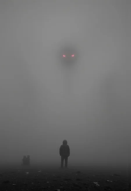 bosstyle dmpfm07, ajlndfl, A lone astronaut stands on the surface of a distant, fog-choked planet. The air is thick with swirling mist, obscuring the rocky terrain beneath their boots. Before them, a dense wall of fog looms, shifting like something alive. From within, two female enormous eyes glow faintly and a feminine Silhouette IS faintly visible—subtle yet undeniable. Their presence is neither aggressive nor welcoming, just watching, unblinking. The astronaut’s breathing echoes inside the helmet, the only sound in the oppressive silence. The eerie glow barely cuts through the suffocating darkness, making the void beyond seem endless. The unknown stares back. neon-mist