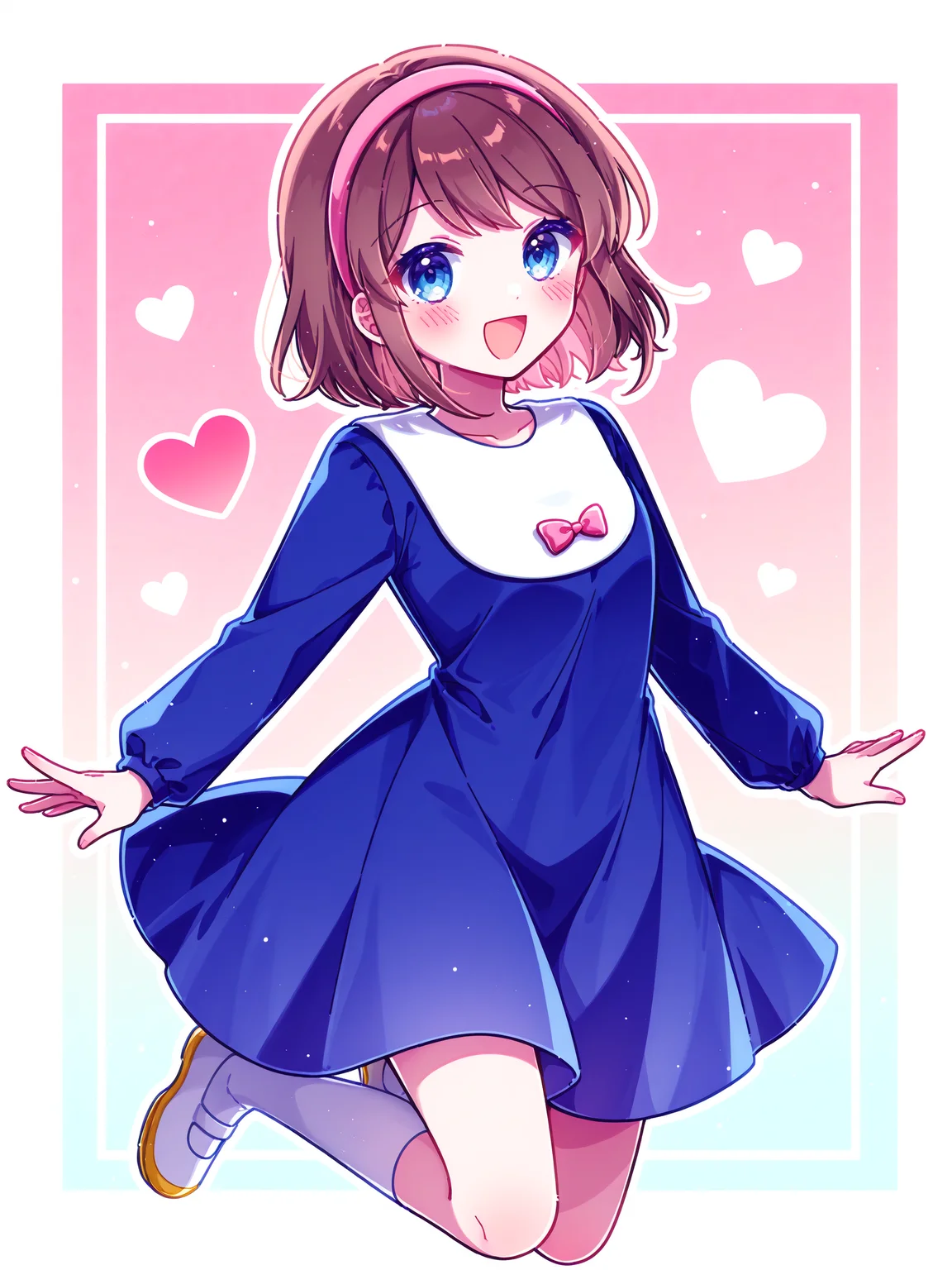 mei \(meiday mise\), <lora:spo_sdxl_10ep_4k-data_lora_webui:0.5> <lora:cfg_scale_boost:0.9> <lora:YukaXL:1> Yuka_CoPa, 1girl, short hair, blue smock, chest bow, pink hairband, dynamic pose, full body, white kneehighs, yellow uwabaki,
cowboy shot, inset border, gradient background, simple background, looking at viewer, brown hair, blush, smile, heart, cute, floating, border, white outline, simple background, open mouth, solo,
absurdres, best quality, masterpiece, high quality, detailed