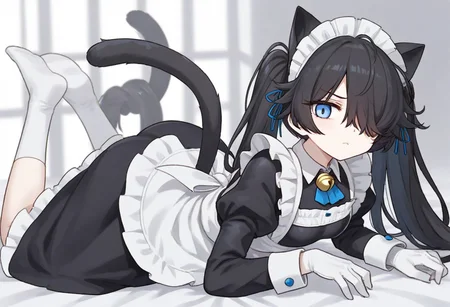 (Maid-kasli), solo, white gloves, dress, hair over one eye, maid apron, blue eyes, twintails, cat ears, maid headdress, maid, gloves, 1girl, apron, juliet sleeves, long sleeves, long hair, black hair, animal ears, bell,(Fall down),