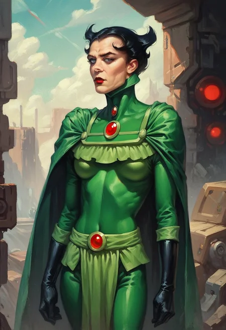 score_9_up, score_8_up, score_7_up, score_6_up, score_5_up, 1girl, solo, bernadeth, short black hair, spiked hair, green cape, green bodysuit, red lipstick, sneer, standing proudly, science-fiction landscape, , (realistic), (painted art)