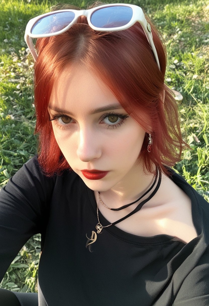 RSGRL, Russian female, Cute face, amateur, candid, , 1girl, solo, jewelry, eyewear on head, looking at viewer, sunglasses, necklace, earrings, shirt, black shirt, brown hair, lips, short hair, brown eyes, closed mouth, outdoors, red hair, upper body, lipstick, eyeliner, mascara, 20-year-old