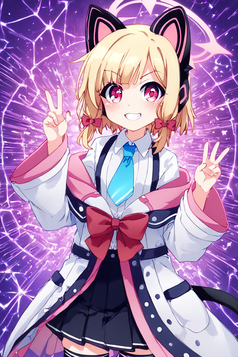 score_9, score_8_up, score_8, medium breasts, (curvy), cute, eyelashes,       BREAK, , ,,, zzMomoi, blonde hair, animal ears, fake animal ears, animal ear headphones, headphones, short hair, bow, halo, cat ear headphones, hair bow, red bow, pink eyes, pink halo, tail, cat tail, red eyes, collared shirt, long sleeves, pleated skirt,  white shirt, black skirt, blue necktie, white jacket, wide sleeves, black thighhighs, suspender skirt ,<lora:Momoi_BlueArchive_PDXL:0.8>,    ,,,, BREAK, (warm colors), smile, looking at viewer, cowboy shot, ,,, embedding:zPDXL, Expressiveh, ,,, <lora:PrismaIllya_PDXL_v3:1.0>, <lora:SDXLFaeTastic2400:0.5>, <lora:Expressive_H-000001:0.4>,