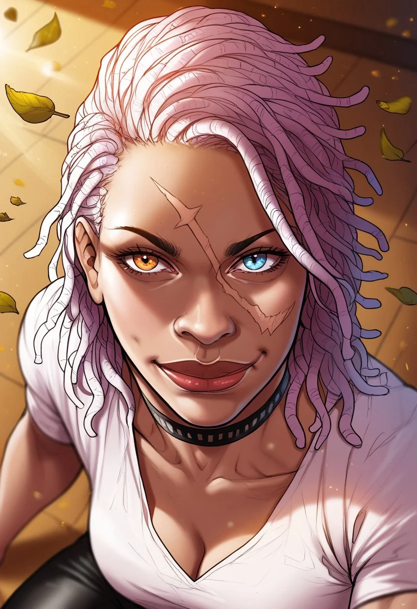 detailed face, detailed eyes, high resolution, intricate design, sharp edges, smooth, high detailed, god level, good proportions, detailed fingers, (masterpiece, best quality, ultra-detailed), (anime style, manhwa style:1.2)
...
(Andrea, 1girl, scar on face, scar across eye, white hair, dreadlocks. heterochromia, left orange eye, right blue eye, muscular female, white shirt, black pants, black choker, huge thighs)
...
looking at viewer, sitting on ground, above view, close up, (mid-range shot, upper body, from thighs up:1.2), hand on thigh, inclined
...
score_10, score_9, score_8, 1girl, solo, alone, cinematic, sketch
...
indoors, dynamic lighting, wind, leaves, (soft lighting, dramatic shadows), (sharp focus, depth of field), (cinematic lighting:1.3), ( mystical aura), ethereal light rays, warm glow, realistic shading, night