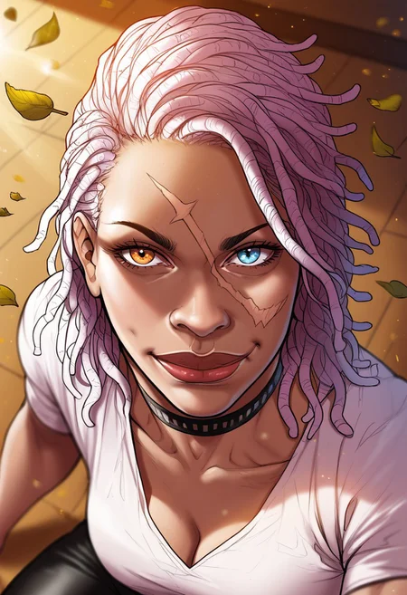 detailed face, detailed eyes, high resolution, intricate design, sharp edges, smooth, high detailed, god level, good proportions, detailed fingers, (masterpiece, best quality, ultra-detailed), (anime style, manhwa style:1.2)
...
(Andrea, 1girl, scar on face, scar across eye, white hair, dreadlocks. heterochromia, left orange eye, right blue eye, muscular female, white shirt, black pants, black choker, huge thighs)
...
looking at viewer, sitting on ground, above view, close up, (mid-range shot, upper body, from thighs up:1.2), hand on thigh, inclined
...
score_10, score_9, score_8, 1girl, solo, alone, cinematic, sketch 
...
indoors, dynamic lighting, wind, leaves,  (soft lighting, dramatic shadows), (sharp focus, depth of field), (cinematic lighting:1.3), ( mystical aura), ethereal light rays, warm glow, realistic shading, night
