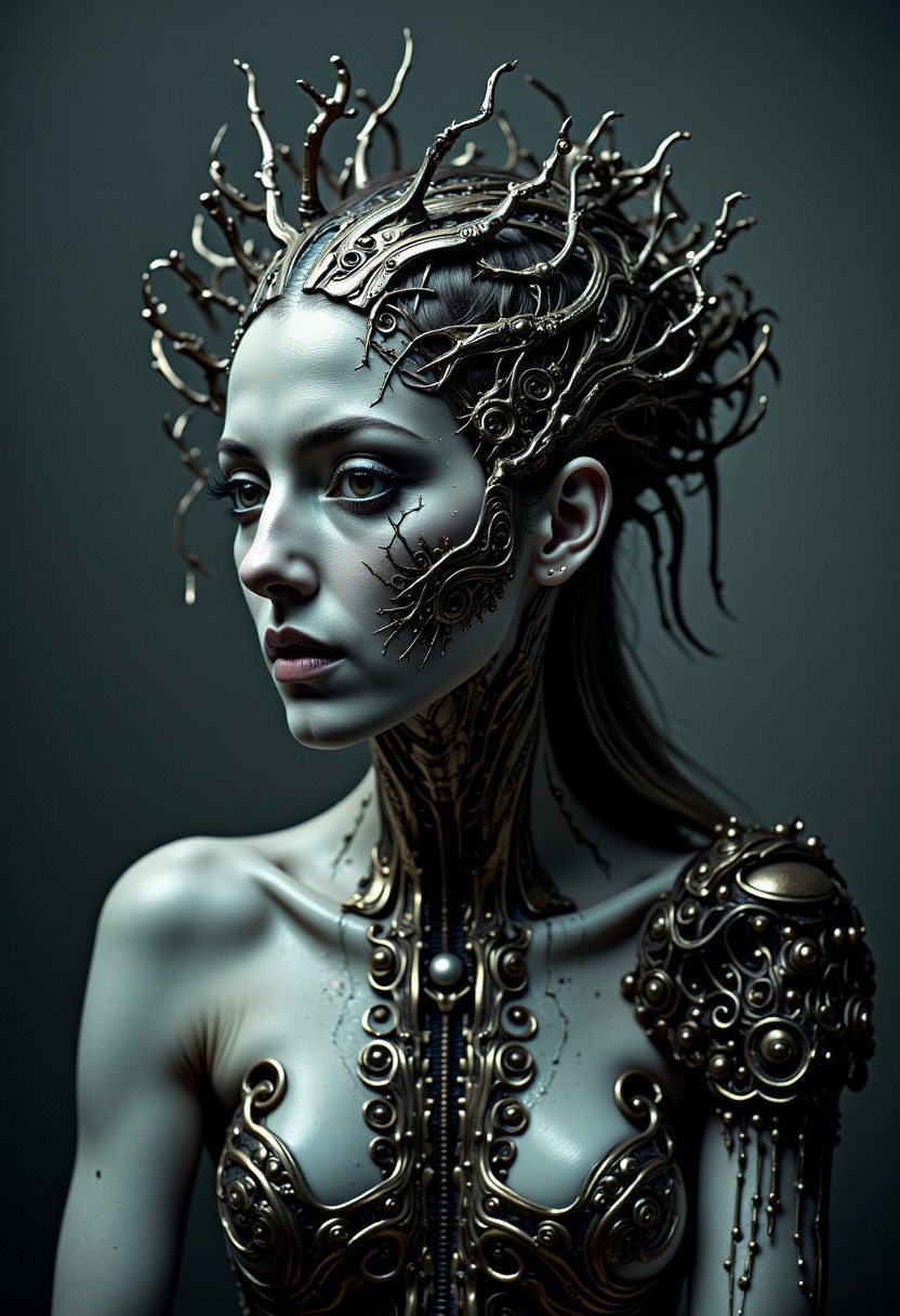 body horror, cc_cyborg a woman taking off her skin to reveal a cyborg underneath.