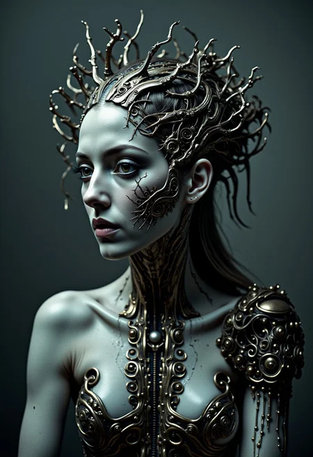 body horror, cc_cyborg a woman taking off her skin to reveal a cyborg underneath.