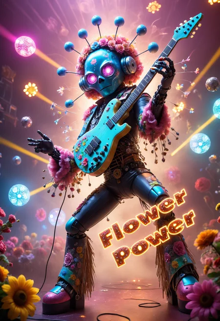 Robot rock star on stage, playing guitar, hero shot, pyrotechnics, fog, intricate details, stunning composition, text "Flower Power", flower style, sharp focus, ambient light, full detailed, cinematic, highly coherent, symmetry, epic, great detail, creative, clear, artistic, amazing color, beautiful, perfect, very inspirational, cute