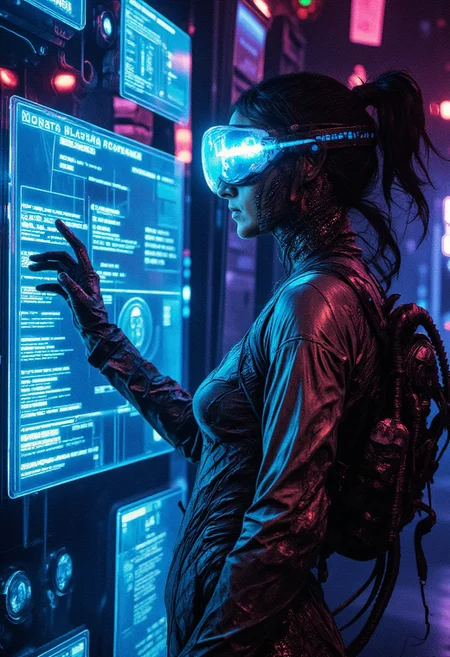 A futuristic cyberpunk-style female character in a high-tech environment. She wears a sleek, metallic bodysuit that reflects ambient neon lighting, with a form-fitting design emphasizing her figure. Transparent augmented reality visor covers her eyes, glowing with a soft futuristic light. A cybernetic backpack with multiple flexible tubes is attached to her back, connecting to an unknown system. She presses her hand against a holographic glass panel, which displays neon blue and white text, including instructions in multiple languages. The scene is dimly lit with ambient cyberpunk city lights reflecting off the glass. The environment suggests a futuristic high-tech laboratory, facility, or cyber-enhanced nightclub, immersed in deep blue and purple hues