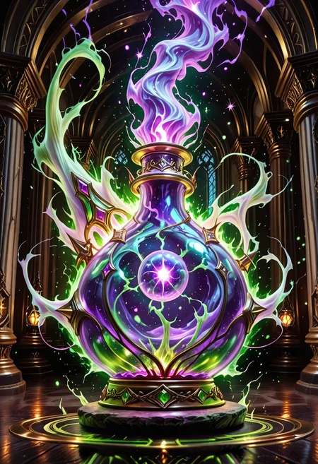 Score_9, Score_8_up, Score_7_up, Score_6_up, Score_5_up, Score_4_up, high_def, highest quality, 4k, best quality, masterpiece, no humans, object focus, focused, defined, (Photorealistic magic potion:1.3), intricate glass bottle, elixir, purple colors, green colors, black gues , bubbling, ethereal light, flashy lights, magic lights, luminous, dynamic reflections, magical aura, highly detailed, fantasy essence, glowing particles, radiant aura, A3THER, no humans