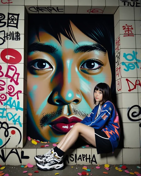 A photo of a large, abstract graffiti mural of a dictator's eye on the tile wall of an abandoned building, seen through a rectangular opening. The mural's piercing eyes dominate the scene, blending with the decaying structure and remnants of tiles in the background. Surrounding the mural, the walls are heavily covered in colorful graffiti tags and foreign messages in various colors, including red, blue, and black. The atmosphere is urban, gritty, and artistic, with a mix of destruction and creativity. A <lora:tslunarite_fl_20240829_2000:0.80> tslunarite Japanese girl is close-up and wearing techwear skirt and jacket, sitting and reclining against the side of the rectangular opening, side profile looking back at camera making eye contact. her face and clothes are lit by patches of neon fluorescent lights. The scene suggests a location that has been left to decay but has become a canvas for street art. muted colors, professional studio lighting, film grain, high quality, 35mm Olympus vintage film <lora:techwear_dev_f1:1.0> <lora:Dever_Flux_Enhancer:0.33>