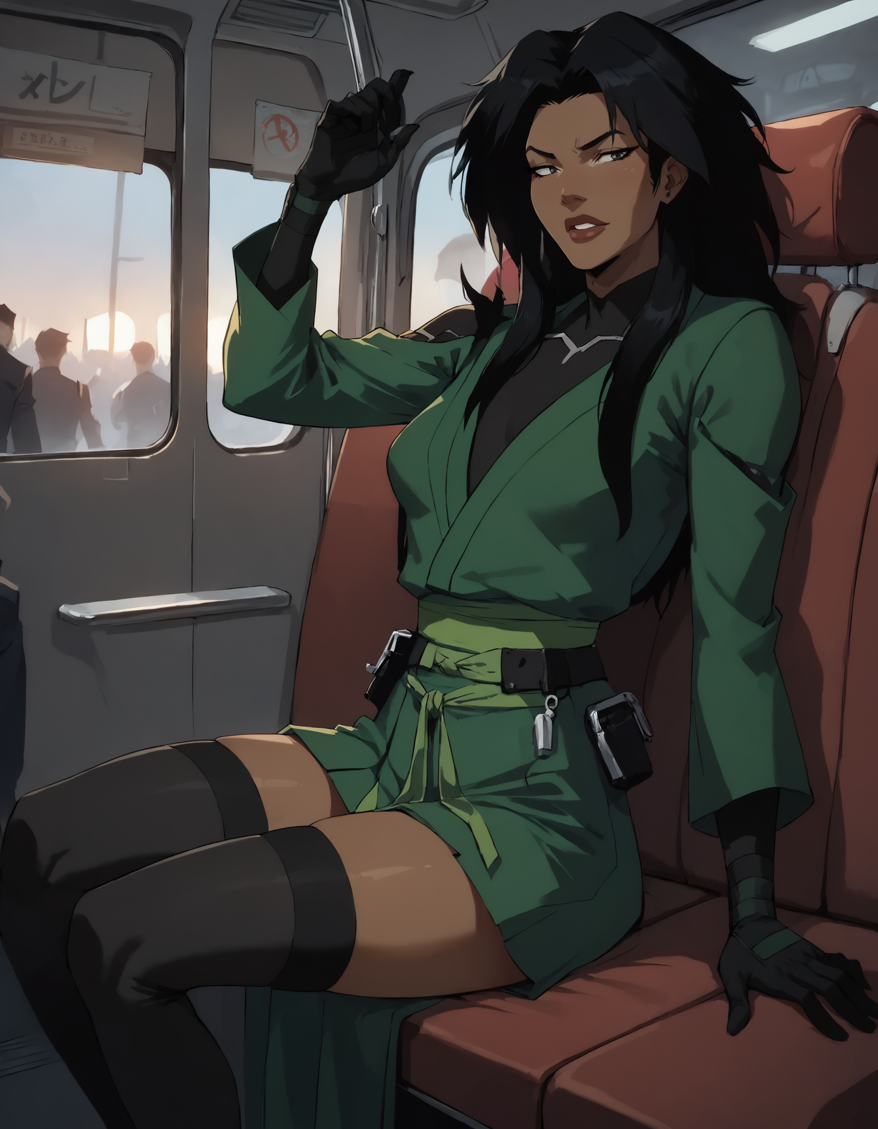 score_9, score_8_up, score_7_up, face focus, extreme closeup, detailed face, 1girl, solo, woman, a mature female, (tall slim athletic female:1.3), skinny, dark-skinned female, black hair, bus interior,
gloves, thighhighs, japanese clothes, black gloves, black thighhighs, green kimono, bodysuit, belt,
ch3shire,
<lora:ch3shire:1>,
<lora:Blacklight_XL:0.5> blacklight,
<lora:- SDXL - vanta-black_contrast_V3.0:0.5>,
<lora:Concept Art DarkSide Style LoRA_Pony XL v6:0.5>, low light,