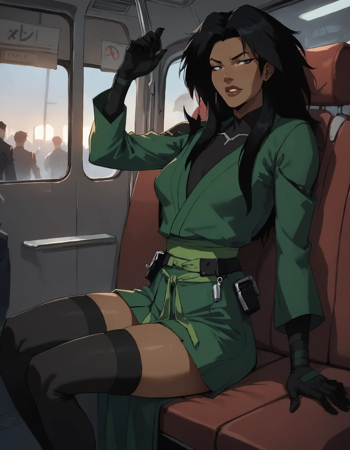score_9, score_8_up, score_7_up, face focus, extreme closeup, detailed face, 1girl, solo, woman, a mature female, (tall slim athletic female:1.3), skinny, dark-skinned female, black hair, bus interior,
gloves, thighhighs, japanese clothes, black gloves, black thighhighs, green kimono, bodysuit, belt,
ch3shire,
<lora:ch3shire:1>,
<lora:Blacklight_XL:0.5> blacklight,
<lora:- SDXL - vanta-black_contrast_V3.0:0.5>,
<lora:Concept Art DarkSide Style LoRA_Pony XL v6:0.5>, low light,