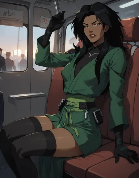 score_9, score_8_up, score_7_up, face focus, extreme closeup, detailed face, 1girl, solo, woman, a mature female, (tall slim athletic female:1.3), skinny, dark-skinned female, black hair, bus interior,
gloves, thighhighs, japanese clothes, black gloves, black thighhighs, green kimono, bodysuit, belt,
ch3shire,
<lora:ch3shire:1>,
<lora:Blacklight_XL:0.5> blacklight,
<lora:- SDXL - vanta-black_contrast_V3.0:0.5>,
<lora:Concept Art DarkSide Style LoRA_Pony XL v6:0.5>, low light,