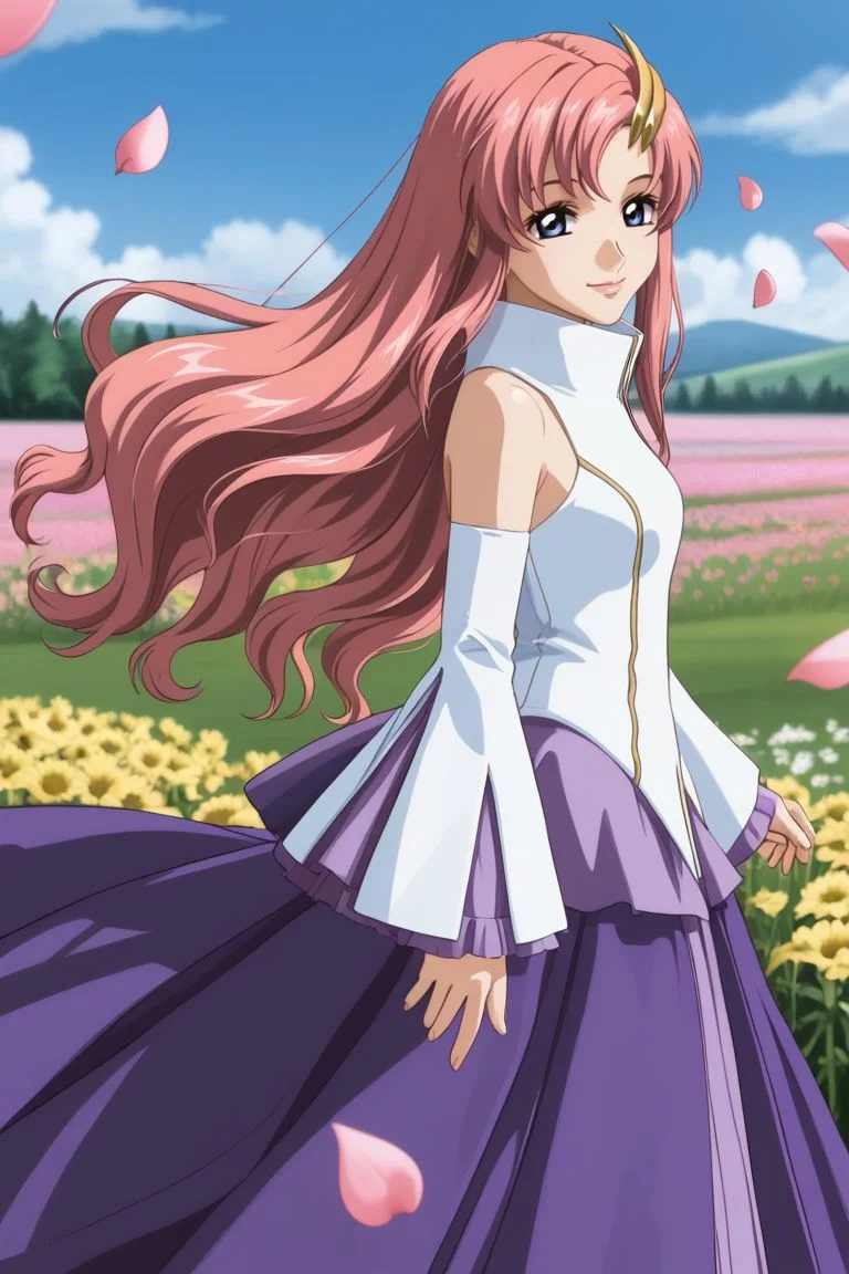 source anime, detailed, official art, masterpiece,
<lora:HandFineTuning_XL:1>
BREAK,
flower field, floating flower petals,
light smile, looking at viewer, cowboy shot, from side, looking at viewer,
BREAK,
<lora:estelle_pdxl_v02_1:0.9>
lacusbase, pink hair, long hair, wavy hair, hair ornament, blue eyes, sidelocks ,
frilled sleeves, bare shoulders, very long hair, detached sleeves, purple skirt, long skirt,