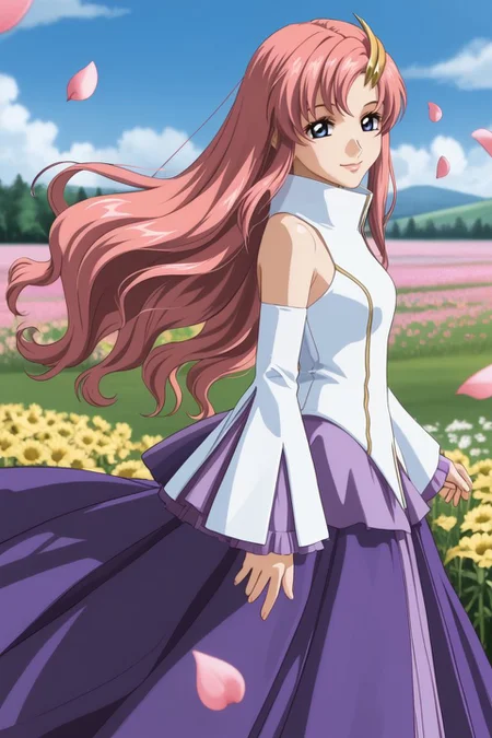 source anime, detailed, official art, masterpiece,
<lora:HandFineTuning_XL:1>
BREAK,
flower field, floating flower petals,
light smile, looking at viewer, cowboy shot, from side, looking at viewer,
BREAK,
<lora:estelle_pdxl_v02_1:0.9>
lacusbase, pink hair, long hair, wavy hair, hair ornament, blue eyes, sidelocks ,
frilled sleeves, bare shoulders, very long hair, detached sleeves, purple skirt, long skirt,